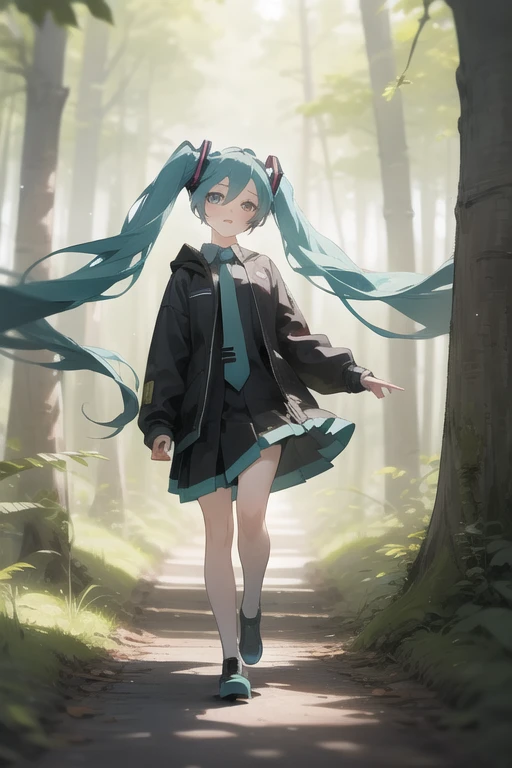 hatsune miku, detailed background, full body, walking in forest, masterpiece, best quality