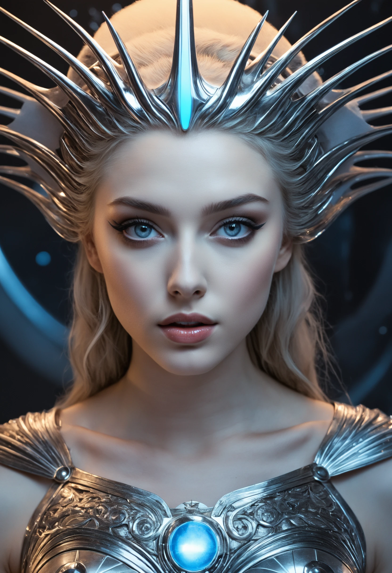 fantastic epic masterpiece, ((full-body-shot)), standing masterpiece, highest esthetic score, photo of an exquisitely beautiful pale skin european 1girl, 19yo, modern implementation of sci-fi "botichhelli The Birth of Venus"starlight falls on beautiful young face. Depth of field, insane details:1.4, ultra detailed, absurdres, 1:280f Zeiss lens, long aperture, fiery opal, platinum, obsidian, Rainbow Iridium ,feet in the shell, extraterrestrial sight, intricate background, style by Hyung Jun Kim, bare feet, glowing Orcish piercing eyes, detailed pupils, high-resolution texture face, luminous face, cinematic, reallife!,fantasy details,Jasmine Beckett Griffith, Luis Royo, sharp focus, hyperdetailed, beautiful, mysterious,