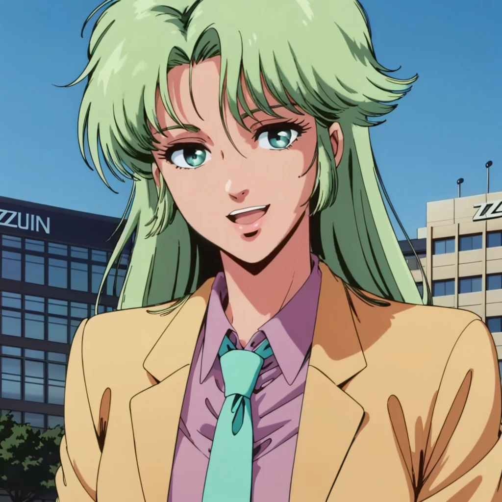 <lora:MZ2TokimatsuriEve001:0.7>,looking at viewer,smile,open mouth,
solo,
MZ2TokimatsuriEve,1girl,green hair,long hair,aqua eyes,1990s (style),
jacket,shirt,necktie,