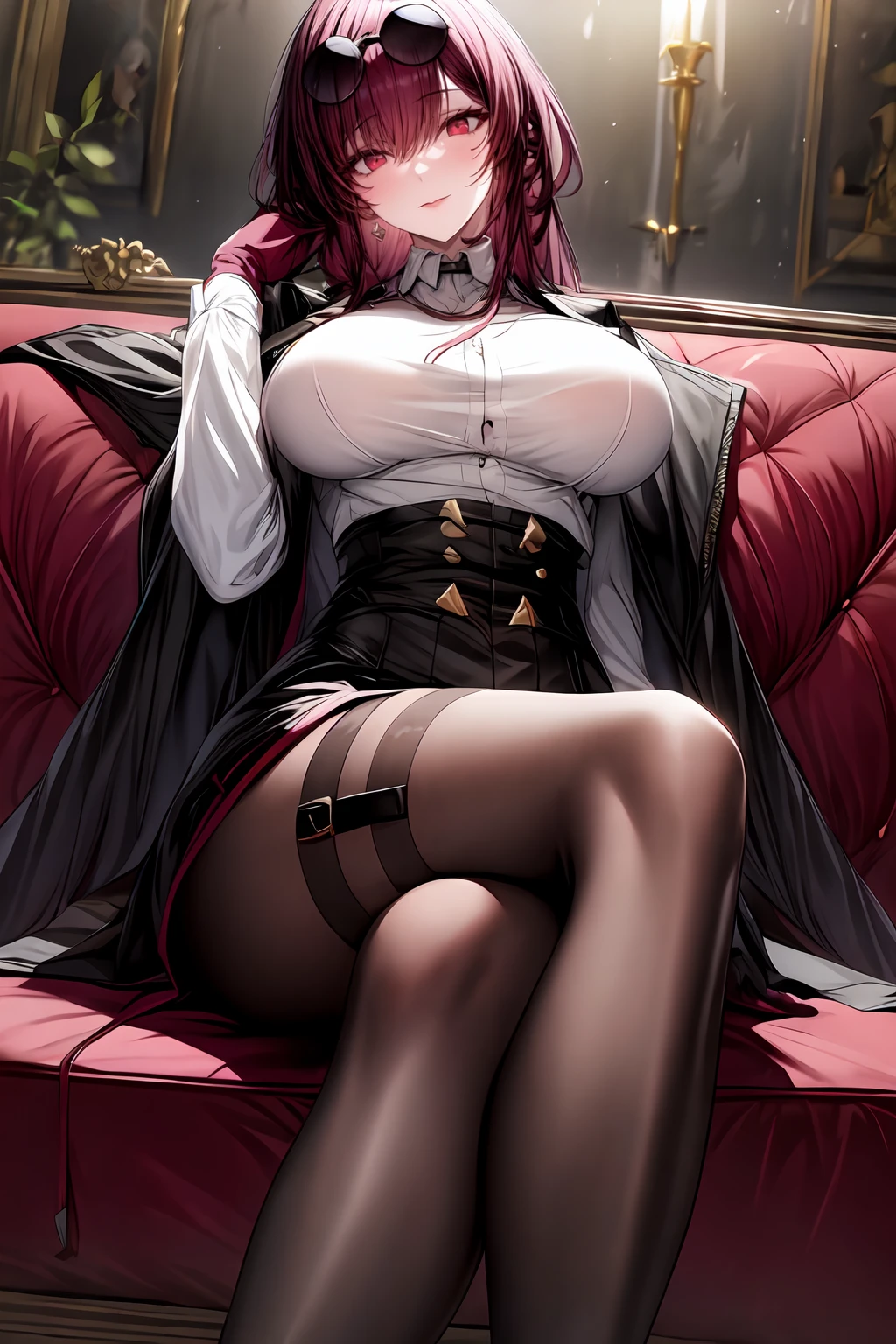 masterpiece, highly detailed, high quality, delicate bloody throne, huge red moon, 1girl, evil, playful, smile, dynamic angle, lying on throne, legs on armrest, mystical, fanatic, intricate, surreal, delicate, wearing armored gothic dress, cinematic lighting