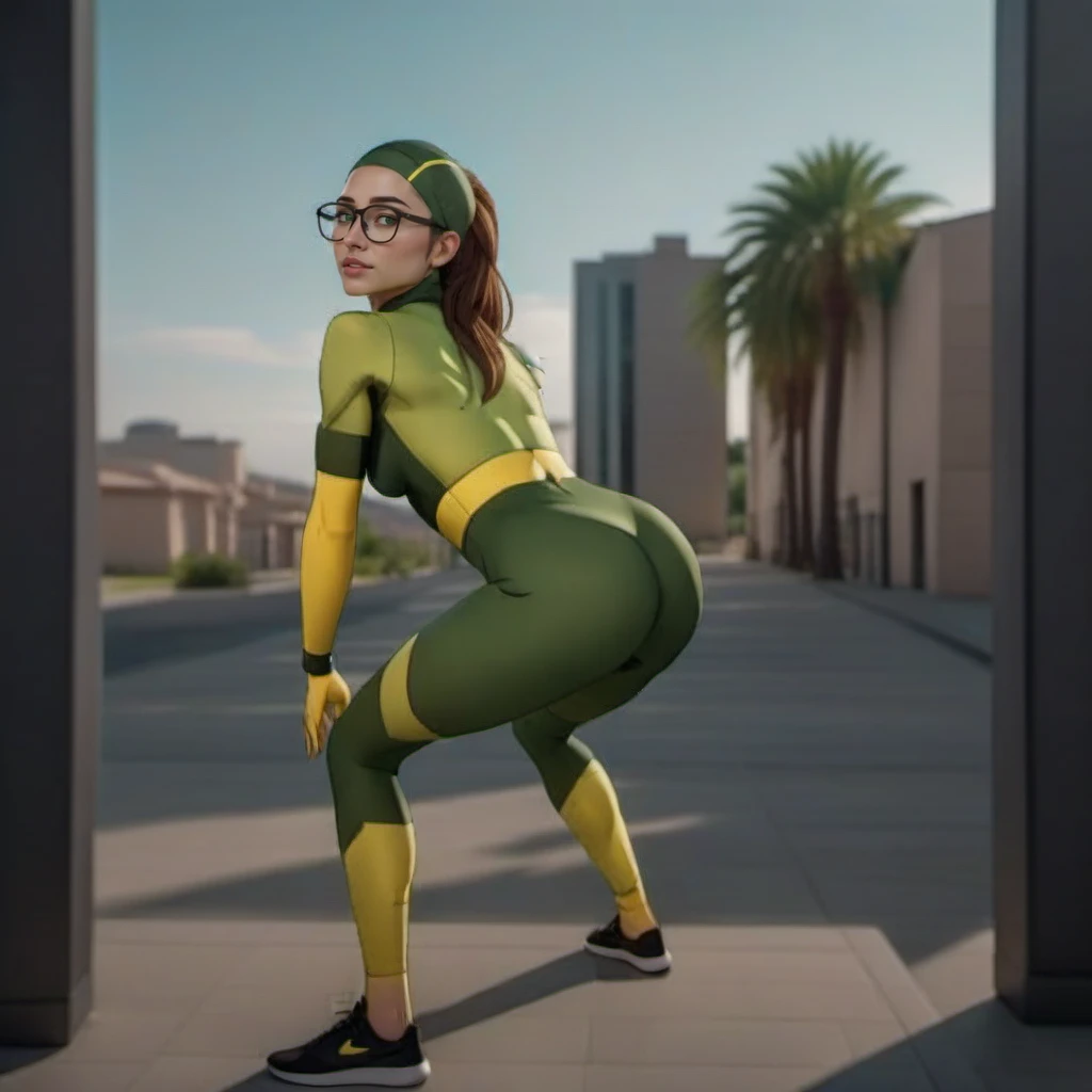 cinematic photo a realistic photo of woman, ((full body)), with glasses in a green and yellow outfit, twerks <lora:ShrinkingRae1024:0.9> . 35mm photograph, film, bokeh, professional, 4k, highly detailed