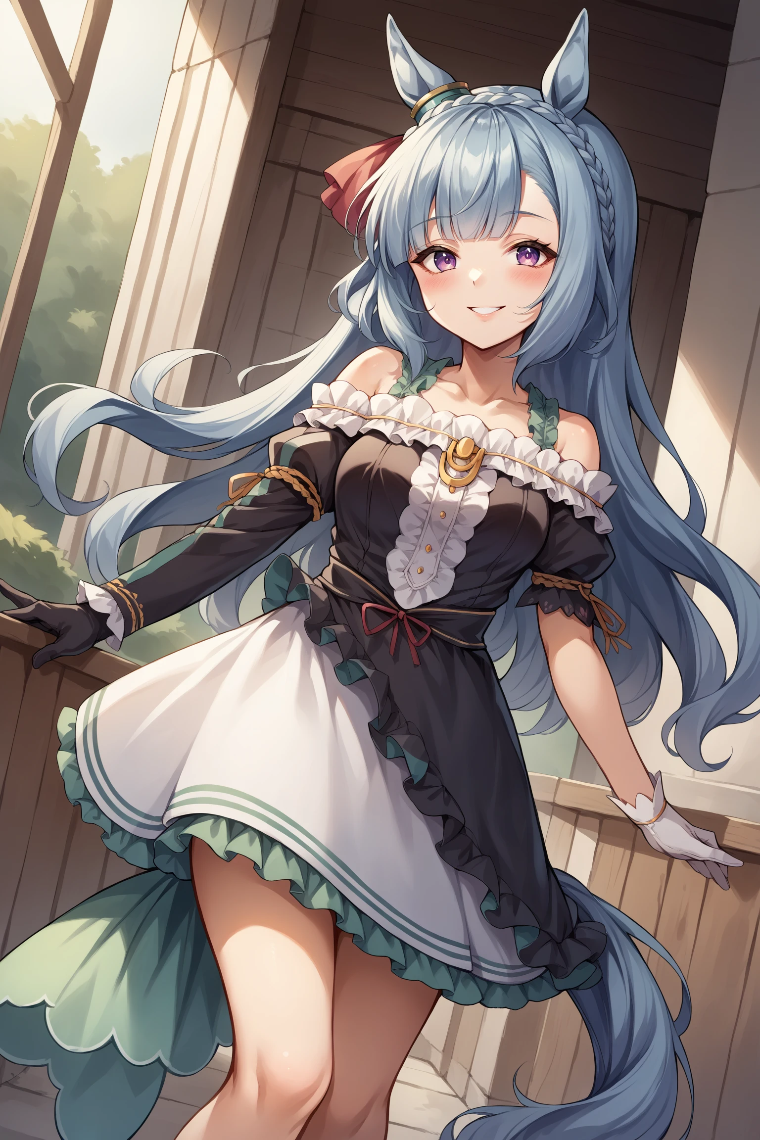 mejiro ardan,umamusume, 1 girl, young, cute face, (blush,) light blue hair, long hair, purple eyes, blunt bangs, large breasts, thighs, beautiful detailed blue eyes, white skin, (frilled bikini,) (light smile,) (((humid,))) (((wet,))) Exposing cleavage, gleaming skin, glistening skin, oil skin,