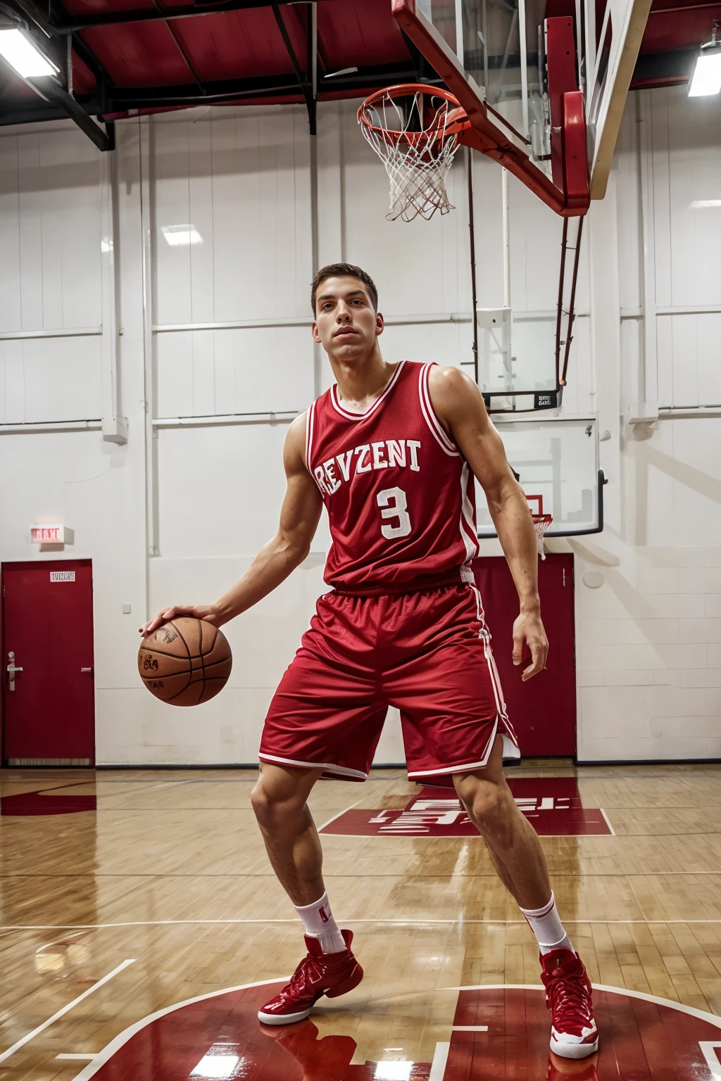 gym, basketball court, JoelBirkin, is a basketballplayer, sweaty, red and silver basketball uniform, ((red jersey)), (red shorts), socks, hightop sneakers, dynamic movement, (((full body portrait))), wide angle <lora:Clothing - Sexy Basketball Player:0.7><lora:JoelBirkin:0.8>