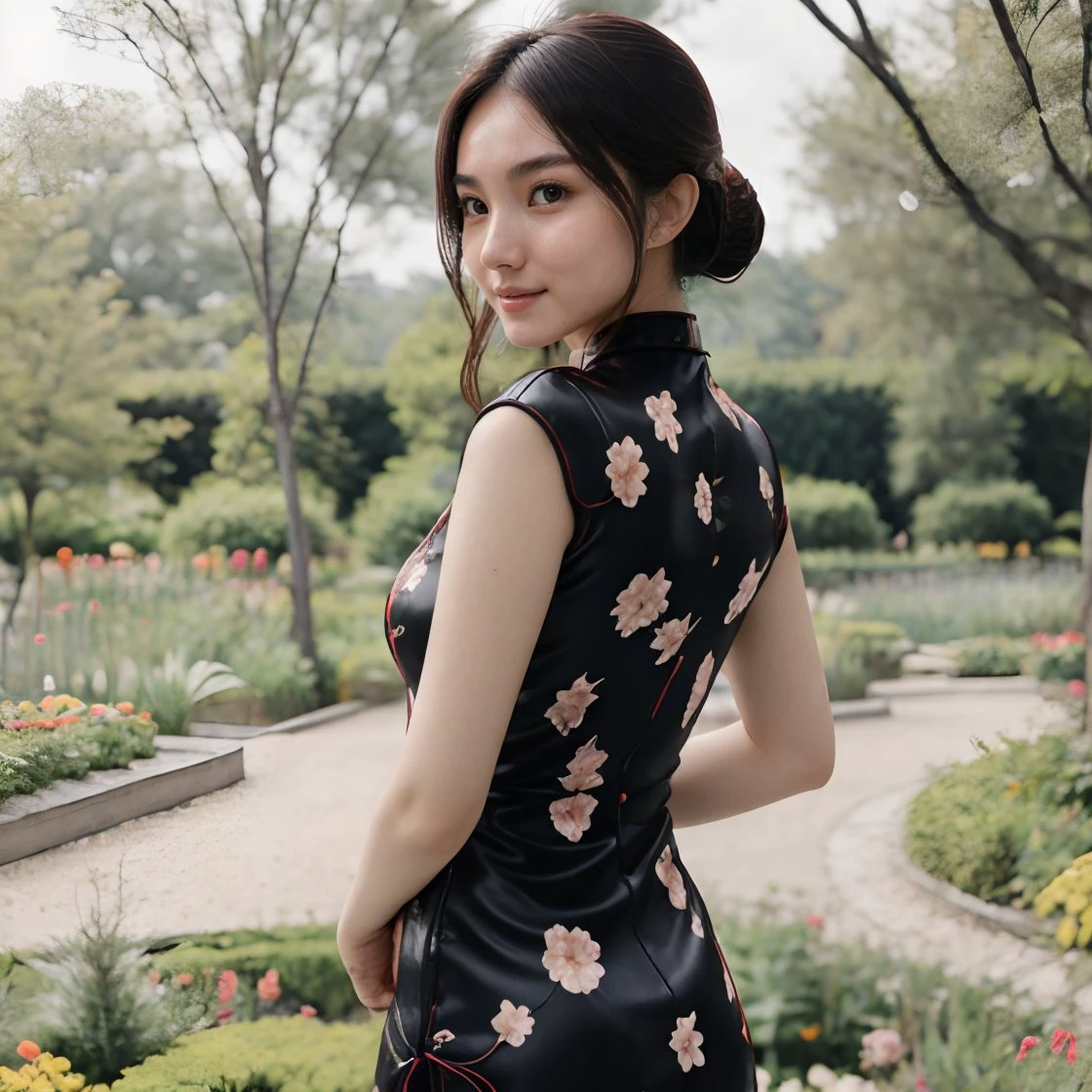 <lora:Maria_Zhang:1> maria_zhang, 
 <lora:Leather_Floral_Cheongsam_By_Stable_Yogi:0.75> leather floral cheongsam
in a garden,  hands behind