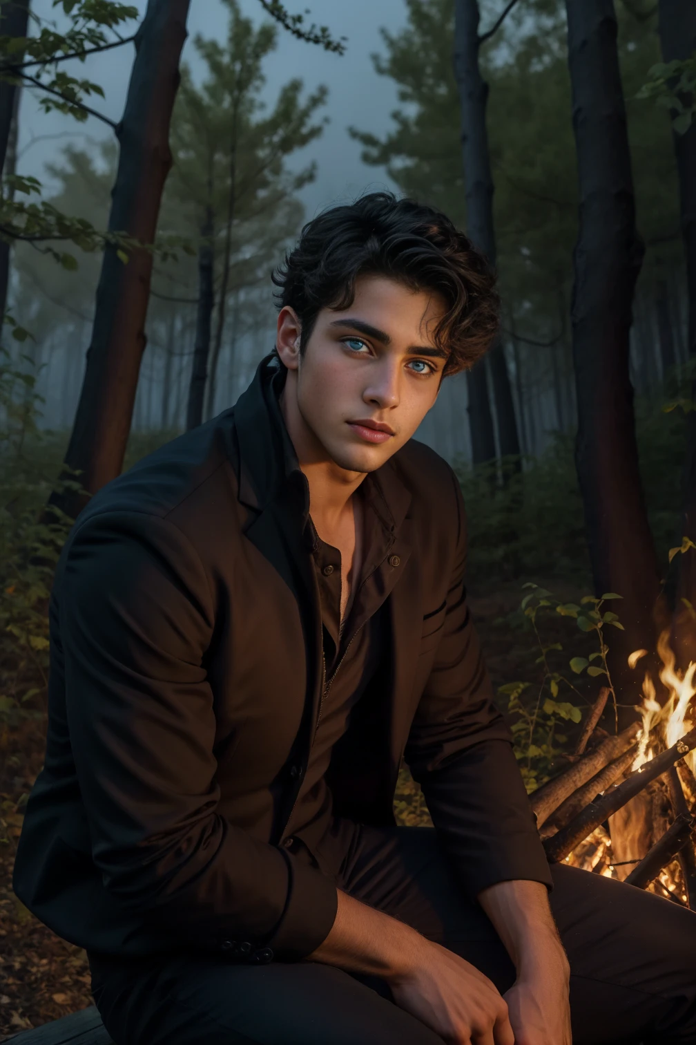 <lora:Aiden_GV_2.0:1> 1boy, Aiden, An incredibly attractive, beautiful young black haired, blue-eyed man sitting near a bonfire in a dark forest at night.