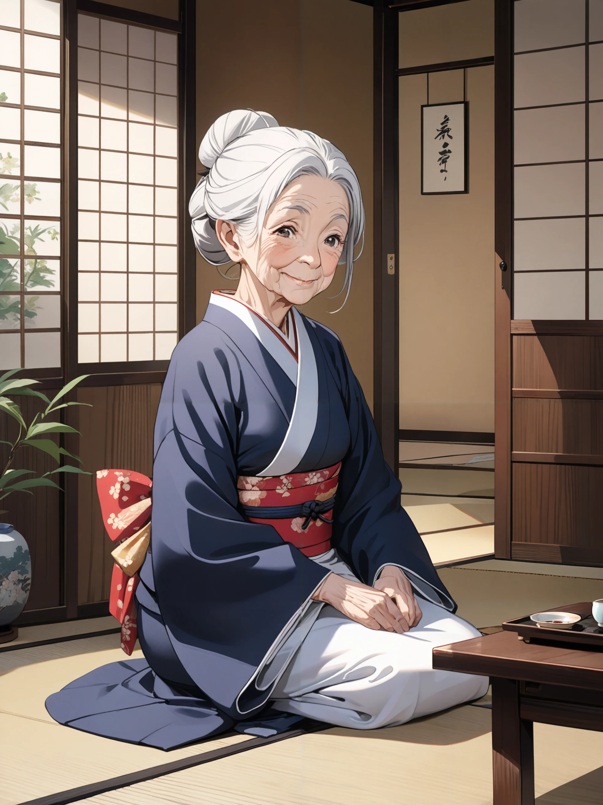 Lavish Japanese ryokan room with tatami flooring, A small square desk and an old wood-colored chair are placed on a wide rim., ((old woman)), (grandmother:1.3), (elder:1.4), (slender), ((drooping cheeks)), ((wrinkled skin:1.1)), (gentle nature), black eyes, white hair, medium hair, hair bun, (bent waist:1.2), (short stature), (70 years old), kimono, seiza,  smile politely, ((masterpiece:1.1)), 8k, (extremely detailed and beautiful background), ((Ultra-precise depiction)), ((Ultra-detailed depiction)), (aesthetic), (professional illustrasion:1.1)