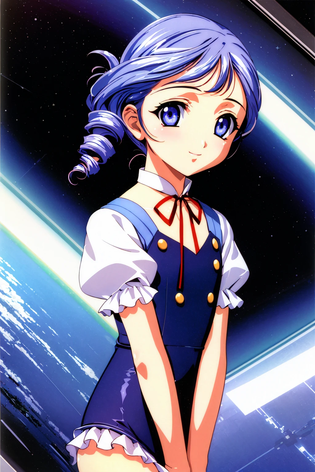 (masterpiece, best quality:1.2), 4k, solo, 1girl, kiddy_lumiere, brue hair, brue eyes, bangs, drill hair, short hair, blue leotard, buttons, choker, neck ribbon, puffy short sleeves, vertical-striped thighhighs, smile, looking at viewer, space landscape, <lora:lumiere_2:0.7>