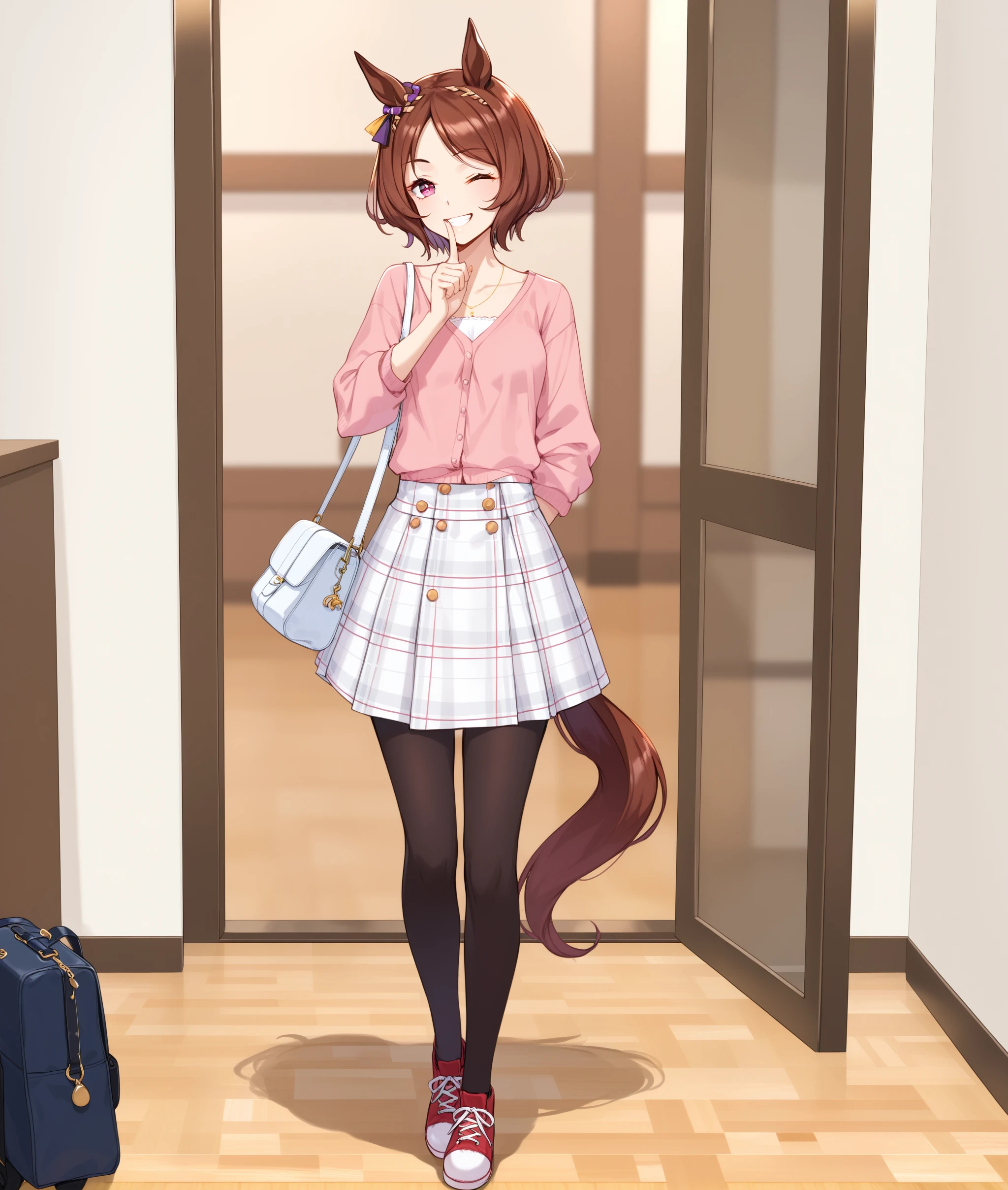 score_9, score_8_up, score_7_up BREAK
casual_clothes, 1girl, solo, looking at viewer, smile, short hair, skirt, brown hair, shirt, long sleeves, tail, full body, pantyhose, one eye closed, shoes, bag, grin, plaid, black pantyhose, white skirt, horse ears, horse girl, red footwear, horse tail, arm behind back, pink shirt, shoulder bag, finger to mouth, 
seductive smile, 
<lora:sakura_laurel-ponyXL:0.8>, 
five fingers,