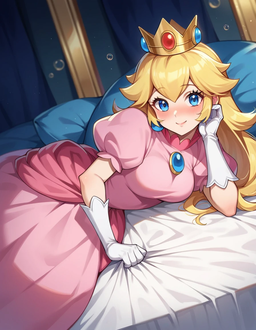 score_9, score_8_up, score_7_up, source_anime,
princesspeach, <lora:princess-peach-chibi-ponyxl-lora-nochekaiser:1>
princess peach, blonde hair, blue eyes, long hair, smile,
crown, dress, gem, gloves, pink dress, puffy short sleeves, puffy sleeves, short sleeves, white gloves,
indoors, bed, bed room, on side, blush, drunk,
looking at viewer, dutch angle, cowboy shot