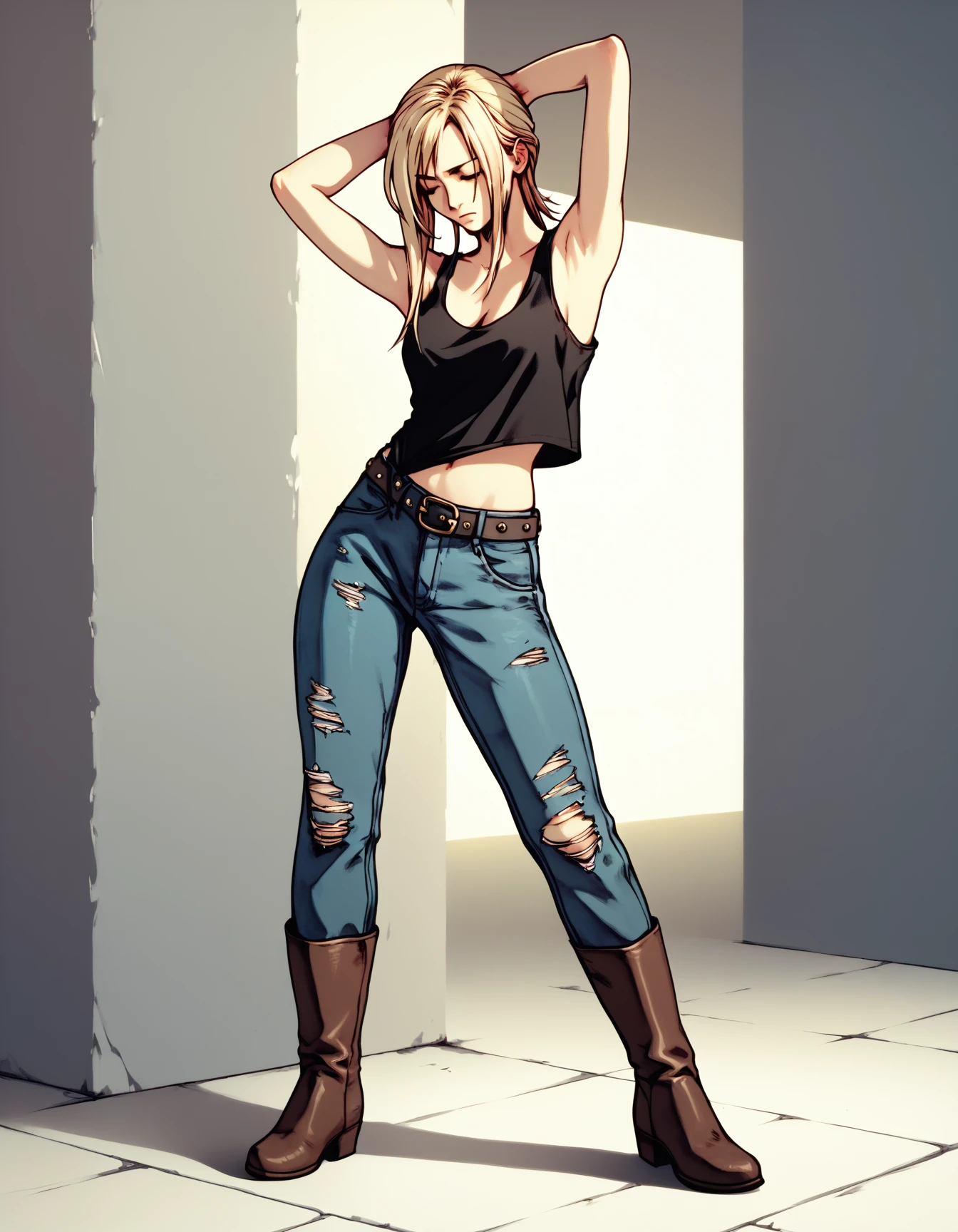 score_9, score_8_up, score_7_up, score_6_up, score_5_up, score_4_up
<lora:aya-brea-ponyxl-000020:1> aya brea, blue eyes, bare arms, bare shoulders, black shirt, cleavage, denim, belt, jeans, leather, midriff, tank top, torn jeans, brown footwear, boots,
arms up, closed eyes, closed mouth