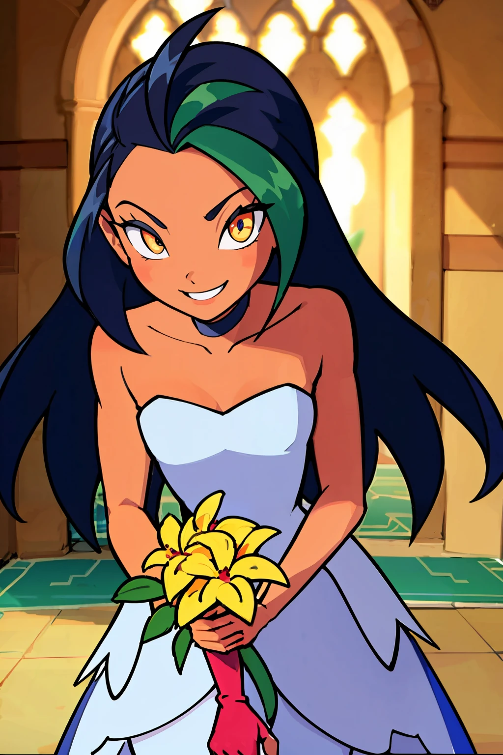 <lora:Winx_Club:0.7>, <lora:Bold_CAT:0.5>, ((masterpiece,best quality)), absurdres, <lora:Nemona_Pokemon:0.7>, Nemona_Pokemon, black hair, green hair, orange eyes, dark skin, multicolored hair, two-tone hair, hair pulled back, bride, wedding dress, bridal veil, strapless dress, elbow gloves, holding bouquet, solo, smiling, looking at viewer, cowboy shot, leaning forward,