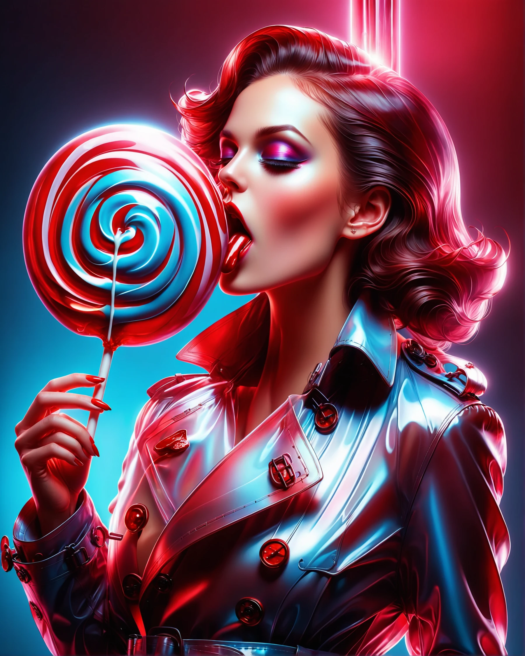 a devilishly hot looking woman wearing a trench coat is licking a giant glossy dmt holographic lollipop, digital illustration, deep contrasting colors, quantum wavetracing
<lora:dvr-trd:0.8> dvr-trd