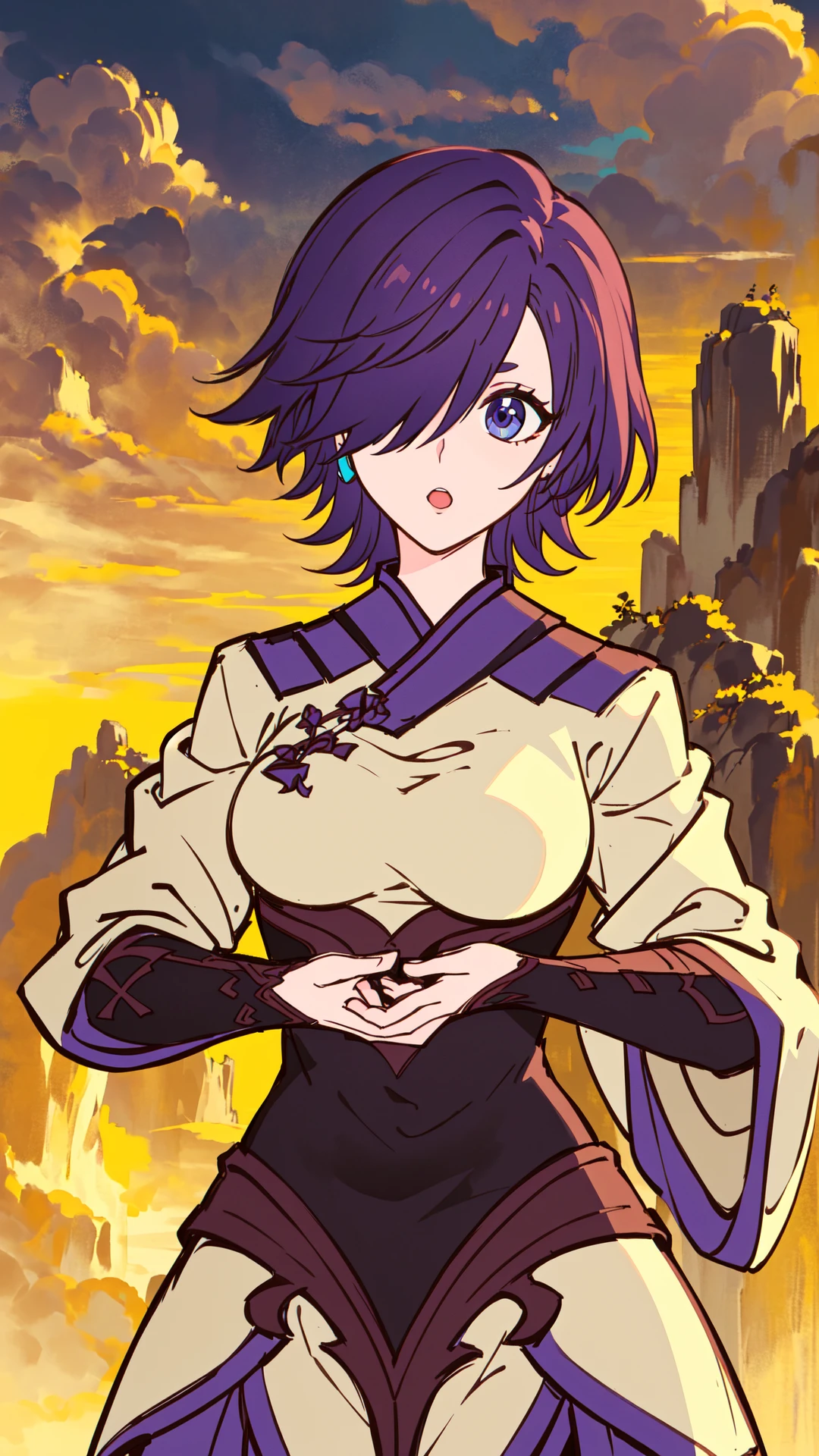 best quality, (masterpiece:1.2), detailed, gonchu, open mouth, fist over palm, 1woman, short purple hair, hair over right eye, indigo eye, teal earring on right ear, pale shirt, shoulder guards, wrist guards, black waistguard, teal triangle pattern on left sleeve, (((cowboy shot))), (((dynamic pose))), (masterpiece, best quality, ultra detailed, beautiful illustration), atmospheric perspective, depth of field, beautiful detailed eyes, dynamic pose, dynamic angle, 1girl, ((outdoors, Chinese fantasy background)), 8k, 16k, trending on pixiv, fanbox, skeb, masterpiece, detailed face, digital painting, (best quality, ultra detailed), (detailed background:1.2), (perfect face, detailed face), (mature female:1.4),  <lora:gonchu:0.7>
