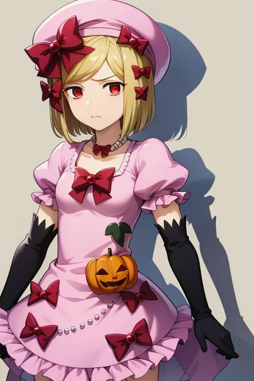 ASCIIaalamb, short hair, hair bow, red bow, beret, pink headwear, red eyes, necklace, frills, pink dress, jack-o'-lantern, puffy sleeves, elbow gloves, black gloves