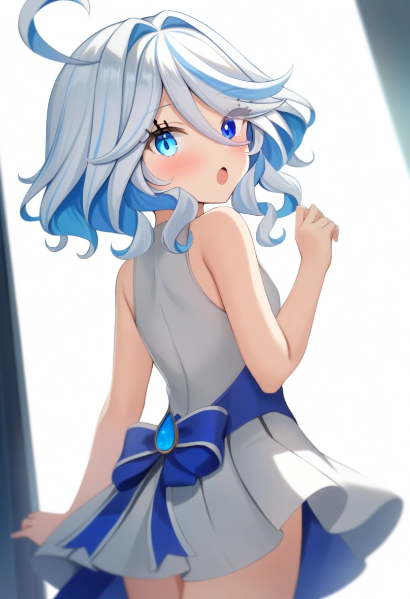 1girl,furina,:o,ahoge,bare_shoulders,blue_eyes,blue_hair,blush,colored_inner_hair,cowboy_shot,dress,from_behind,hair_between_eyes,hair_intakes,hand_up,heterochromia,long_hair,looking_at_viewer,looking_back,low_twintails,median_furrow,multicolored_hair,open_mouth,pleated_dress,shirt,short_dress,sidelocks,sleeveless,sleeveless_dress,solo,twintails,white_hair,white_shirt,<lora:furina (genshin impact) xl:1>,