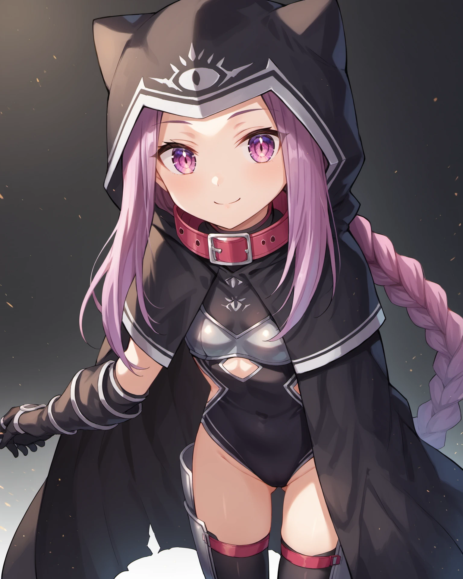 score_9, score_8_up, score_7_up, score_6_up, 1girl, solo, long hair, <lora:Ana-000001:1>, Ana, (pink hair:0.6), (purple hair:0.7), purple eyes, forehead, looking at viewer, small breasts, thighhighs, gloves, black gloves, hood, cape, armor, collar, leotard, capelet, black leotard, cloak, hood up, black cape, hooded cloak, red collar, long braid, black cloak, smile,