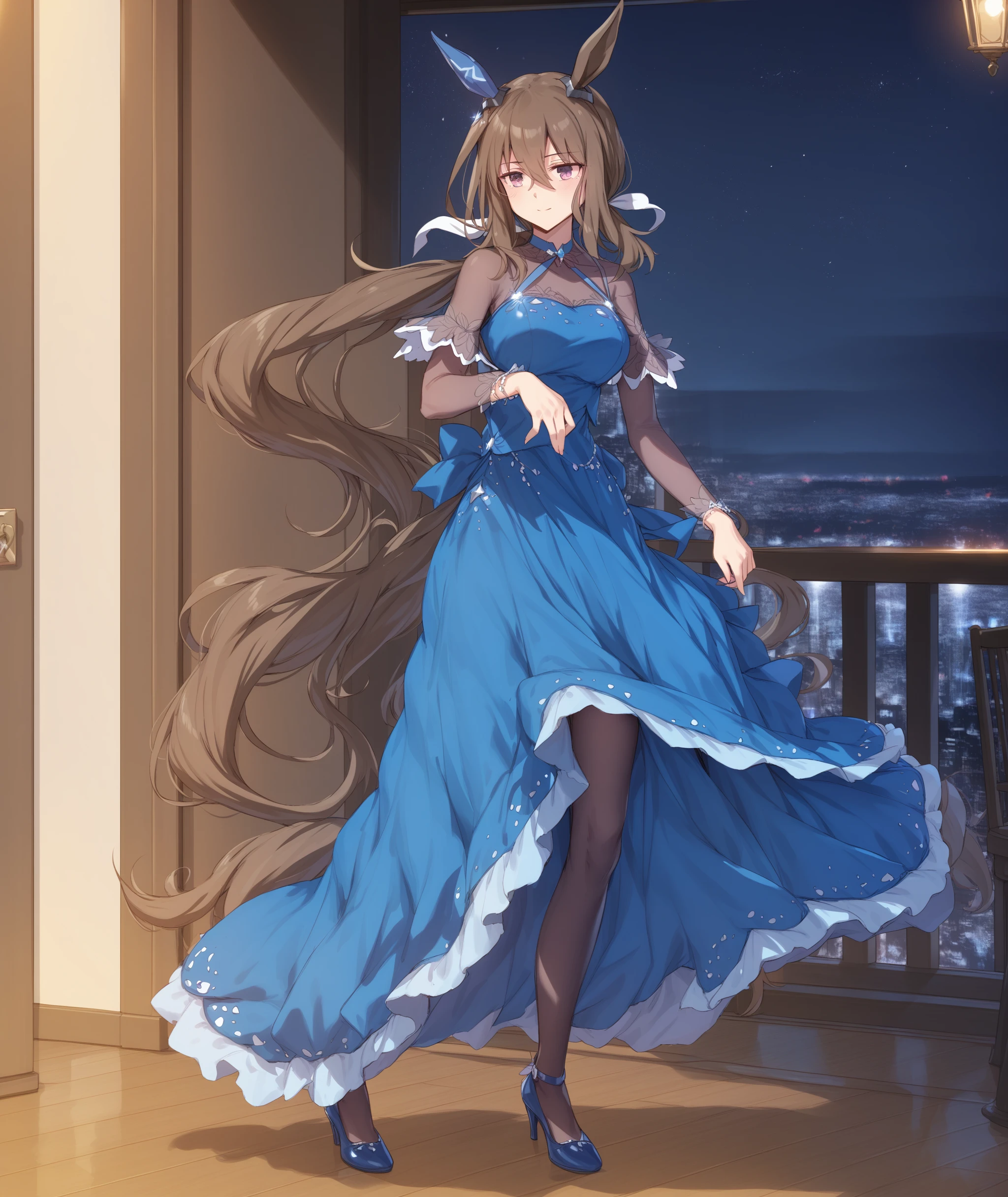 score_9, score_8_up, score_7_up, source_anime BREAK
evening_dress, 1girl, solo, long hair, breasts, blush, brown hair, dress, hair between eyes, purple eyes, tail, ponytail, indoors,
night, blue dress, horse ears, horse girl, horse tail, low ponytail, standing, lace,
pantyhose, blue high heels, <lora:admire_vega_XL-ponyXL_dropout:1>,