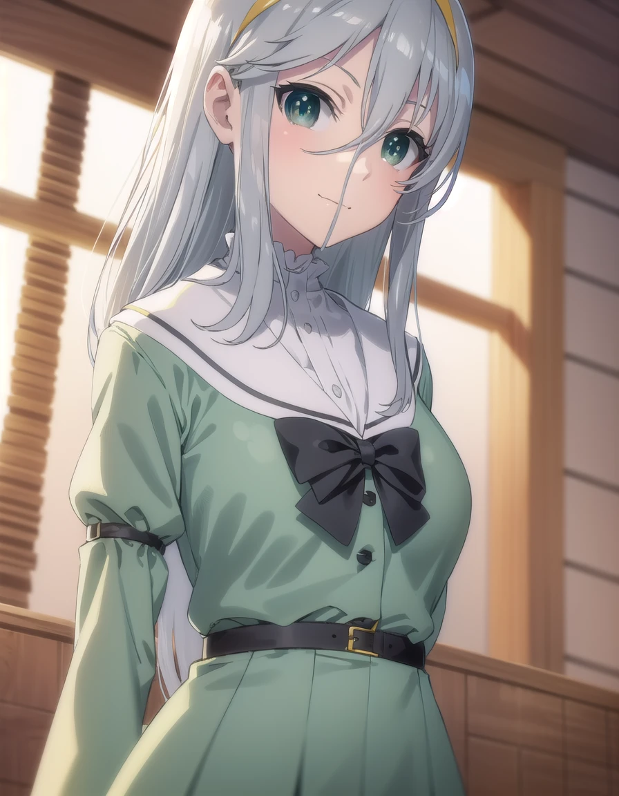 gekkosenko, <lora:sk gekko senko s1-lora-nochekaiser:1>,
gekko, long hair, hair between eyes, (green eyes:1.3), grey hair, hairband, yellow hairband, smile,
BREAK bow, school uniform, serafuku, long sleeves, puffy sleeves, grey serafuku,
BREAK indoors, classroom,
BREAK looking at viewer, (cowboy shot:1.5),
BREAK <lyco:GoodHands-beta2:1>, (masterpiece:1.2), best quality, high resolution, unity 8k wallpaper, (illustration:0.8), (beautiful detailed eyes:1.6), extremely detailed face, perfect lighting, extremely detailed CG, (perfect hands, perfect anatomy),