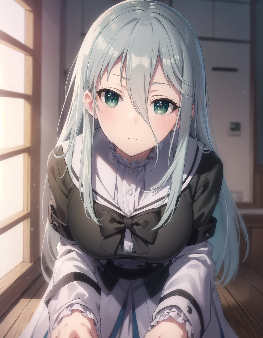 gekkosenko, <lora:sk gekko senko s1-lora-nochekaiser:1>,
senko, long hair, hair between eyes, (green eyes:1.3), grey hair,
BREAK bow, school uniform, serafuku, long sleeves, puffy sleeves, grey serafuku,
BREAK indoors, classroom,
BREAK looking at viewer, (cowboy shot:1.5),
BREAK <lyco:GoodHands-beta2:1>, (masterpiece:1.2), best quality, high resolution, unity 8k wallpaper, (illustration:0.8), (beautiful detailed eyes:1.6), extremely detailed face, perfect lighting, extremely detailed CG, (perfect hands, perfect anatomy),