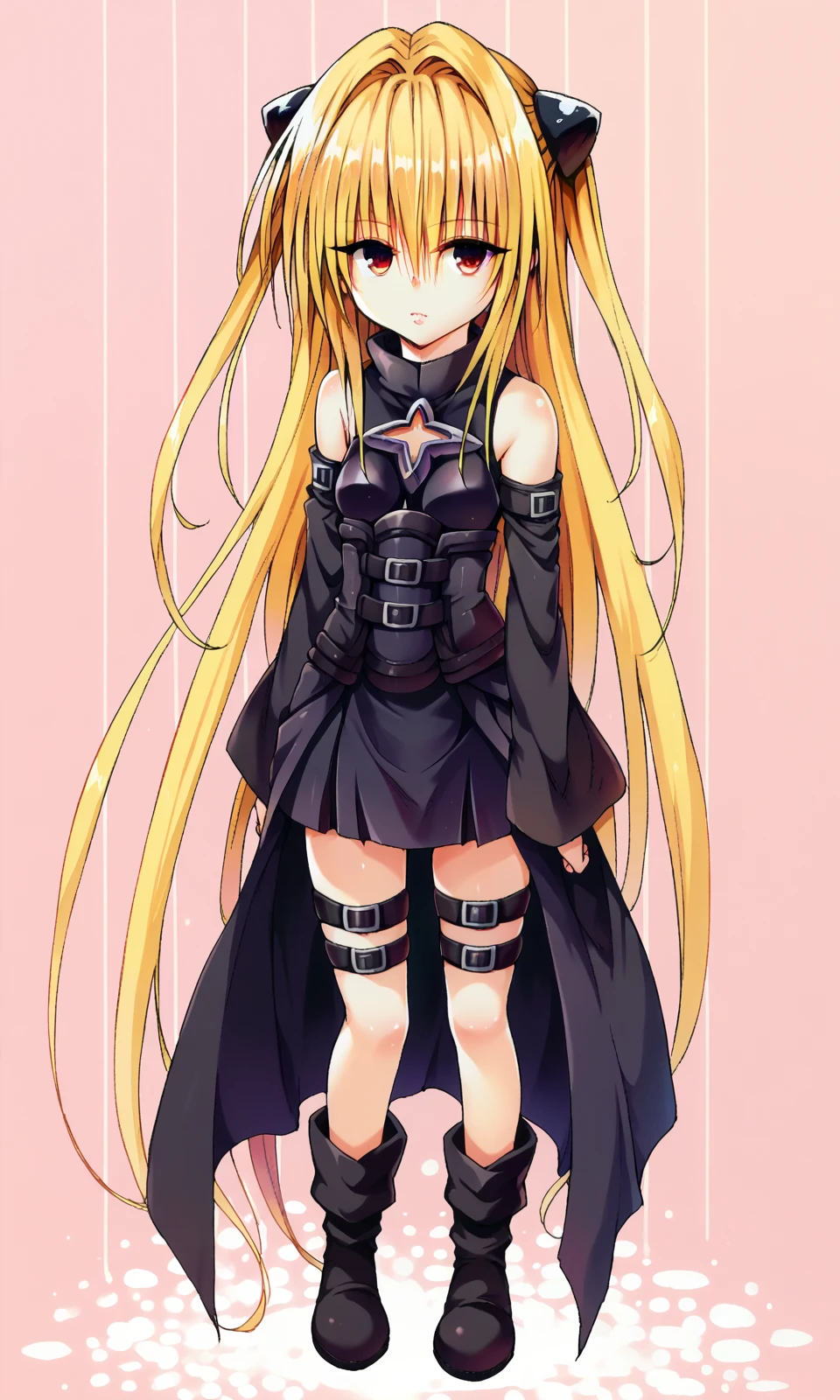 YabukiKentarou, to love-ru, ore_9, score_8_up, score_7_up BREAK
1girl, konjiki no yami, solo, long hair, blonde hair, wagashi, red eyes, detached sleeves, thigh strap, very long hair, boots, looking at viewer, hair intakes, dress, hair ornament, two side up, standing, bare shoulders, 
<lora:YabukiKentarou_Pony:1>