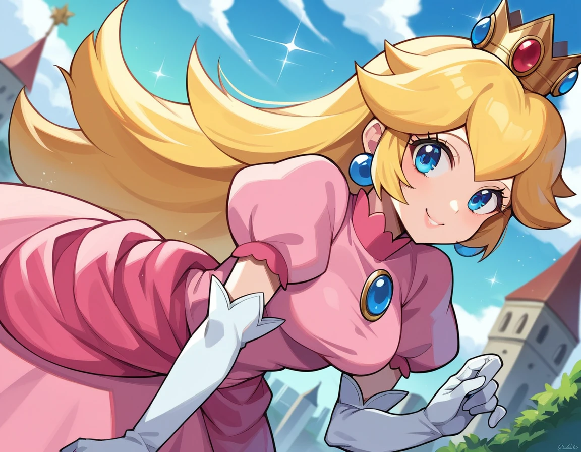 score_9, score_8_up, score_7_up, source_anime,
princesspeach, <lora:princess-peach-chibi-ponyxl-lora-nochekaiser:1>
princess peach, blonde hair, blue eyes, long hair, smile,
crown, dress, gem, gloves, pink dress, puffy short sleeves, puffy sleeves, short sleeves, white gloves,
outdoors, cityscape, bent over,
looking at viewer, dutch angle, cowboy shot