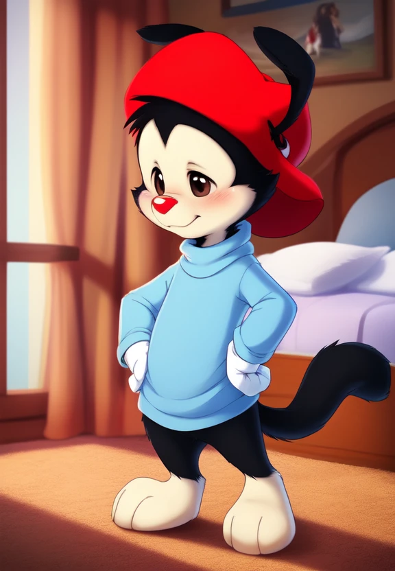 <lora:wakkoWornCartYif:1>     solo,   looking at viewer,  wakkoWornCartYif,  dog, red cap, blue T-shirt, White gloves, a long cat  tail,
(beautiful, aesthetic, perfect, delicate, intricate, masterpiece, )  textured fur, [Room, bed, blanket, pillows,]  (Hands on hips, standing,)
by dagasi, [[by smitty g]], [by personalami0.2], by cynicalstarr,