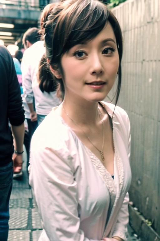 Best quality,masterpiece,ultra high res,photorealistic,1girl,slim body,japanese street alley,dynamic pose,face closeup,depth of field, <lora:evonne_hsu:1>