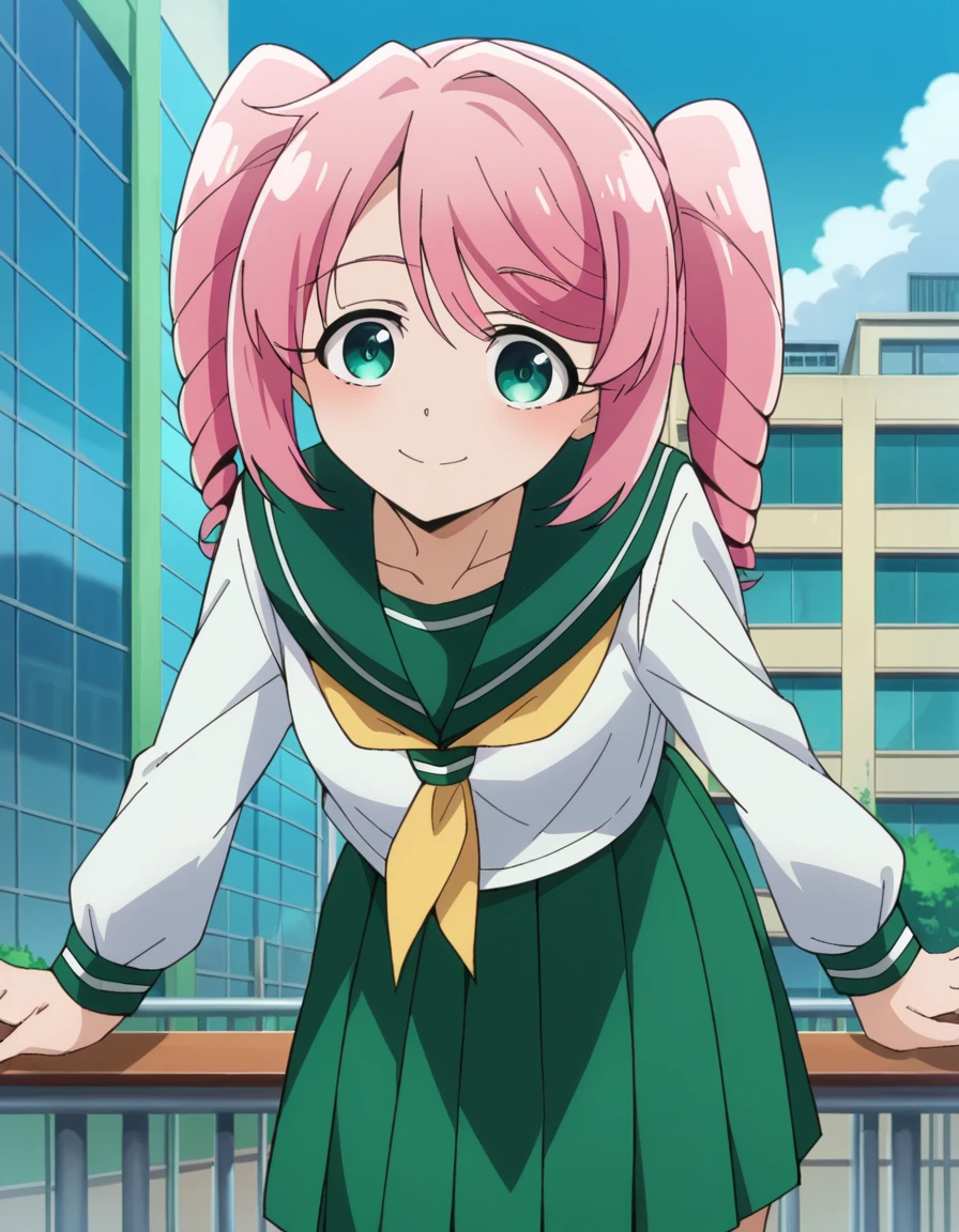 score_9, score_8_up, score_7_up, source_anime,
harukahanabishi, <lora:haruka-hanabishi-ponyxl-lora-nochekaiser:1>
haruka hanabishi, twintails, green eyes, pink hair,
skirt, shirt, long sleeves, school uniform, white shirt, pleated skirt, serafuku, sailor collar, neckerchief, green skirt, green sailor collar,
outdoors, cityscape, bent over, smile,
looking at viewer, dutch angle, cowboy shot