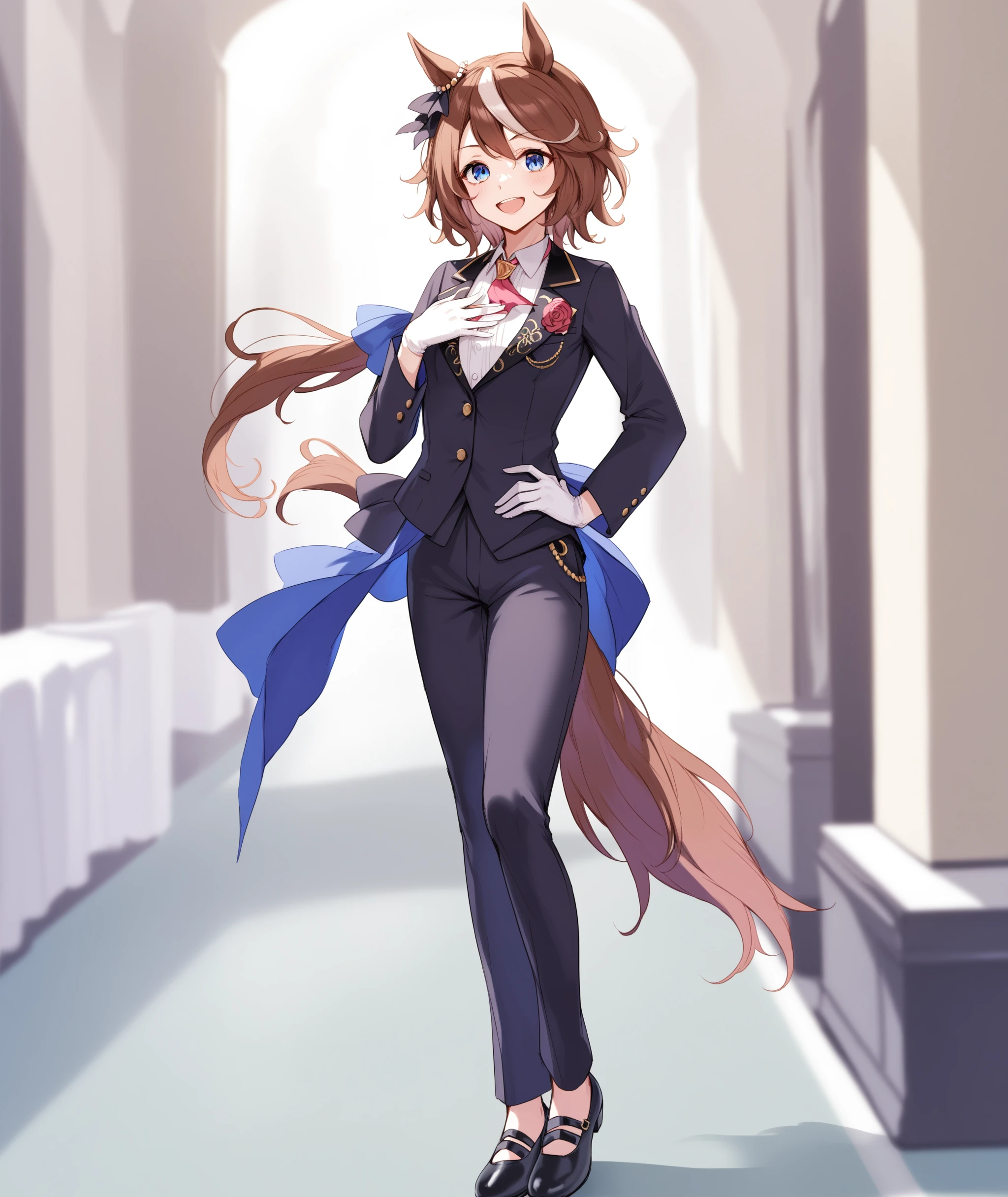 score_9, score_8_up, score_7_up, source_anime BREAK
waltz_of_hiwing, 1girl, solo, long hair, looking at viewer, blush, smile, open mouth, bangs, blue eyes, brown hair, shirt, gloves, long sleeves, animal ears, hair between eyes, tail, white shirt, white hair, :d, multicolored hair, teeth, pants, white gloves, signature, two-tone hair, streaked hair, hand on hip, alternate hairstyle, black pants, formal, horse ears, hand on own chest, horse girl, horse tail, full body, standing, leather shoes,
<lora:tokai_teio-ponyXL:0.8>,