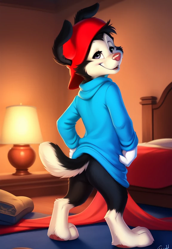 <lora:wakkoWornCartYif:1>     solo,   looking at viewer,  wakkoWornCartYif,  dog, red cap, blue T-shirt, White gloves, a long cat  tail,
(beautiful, aesthetic, perfect, delicate, intricate, masterpiece, )  textured fur, [Room, bed, blanket, pillows,]  (Hands on hips, standing,)
( armpit, ass, rear view,) [by personalami], by smitty g, [[[by Foxovh]]], [[by Ross Tran]]