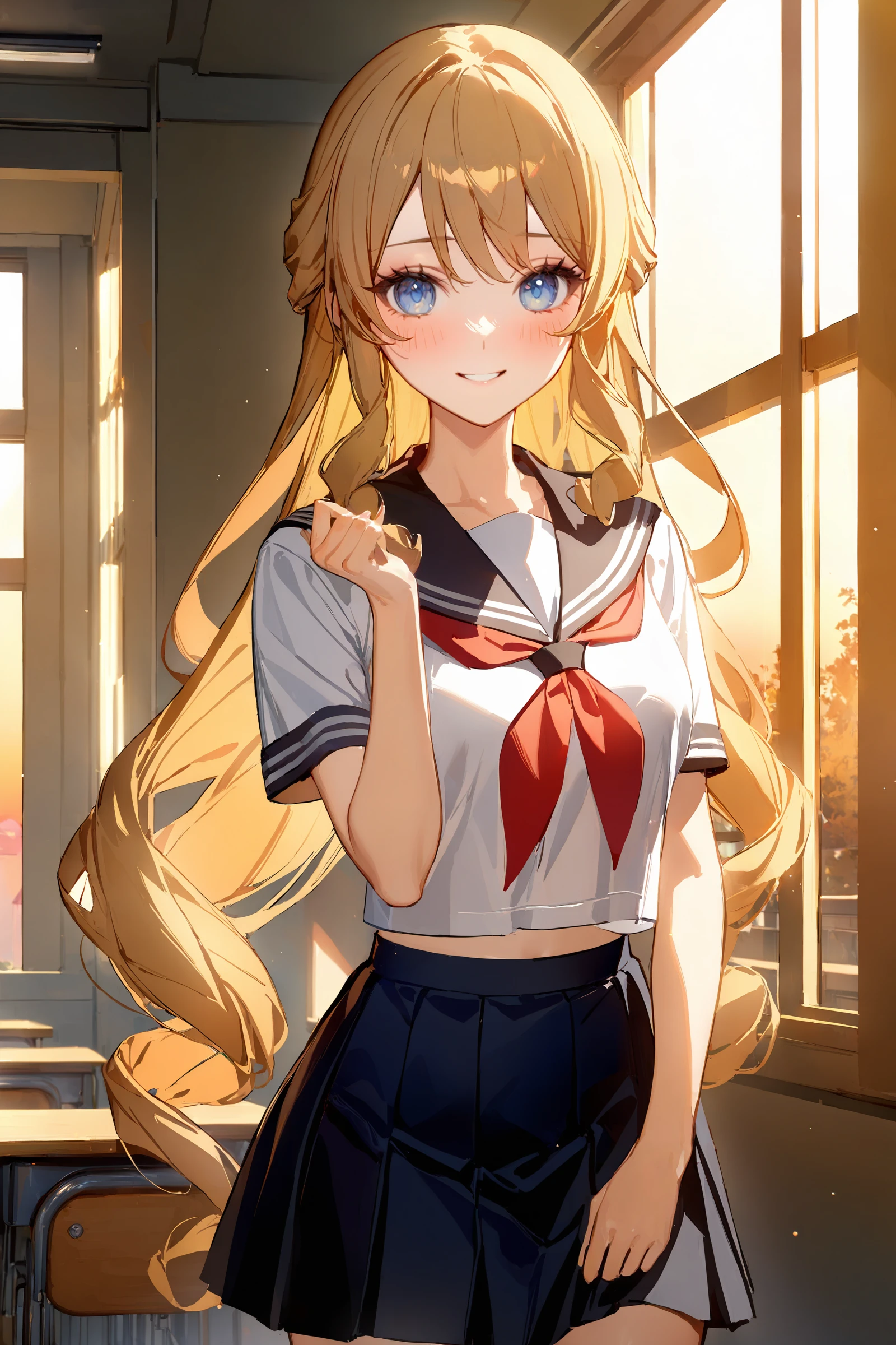 masterpiece, best quality, very aesthetic, ray tracing, newest, (hitenkei, askzy:0.4), 1girl, navia \(genshin impact\), school uniform, serafuku, cowboy shot, backlighting, sunbeam, sunset, classroom, indoors, window, light smile, blush, looking at viewer, facing viewer <lora:EnvyBetterHiresFixXL01:0:hr=1>, <lora:Char-Genshin-Navia-XL-V1:0.8>