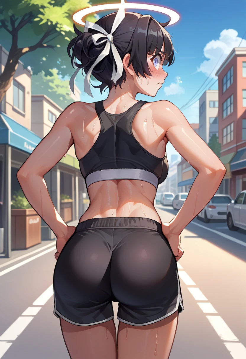 score_9, score_8_up, score_7_up, source_anime, from behind, solo, 1girl, htazazel, sweat, blush, embarrassed, looking back, hands on hips, hair ribbon, white ribbon, halo, black sports bra, black shorts, ass, outdoors, city street <lora:helltaker_azazel_ponyXL:1>