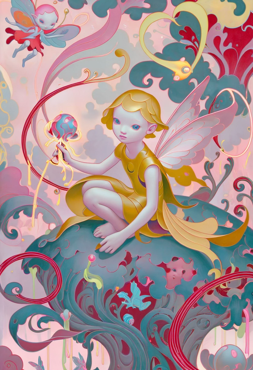 JamesJean; Illustration, Painting,breathtaking surrealist art Mythical jamesjean's (designed by Peter Jackson:0.7), fairy tale painting in 50mm style with luminous trails and light streaks. The artist's signature style is evident in the foggy and lonely atmosphere created through painterly techniques. This artwork is truly mesmerizing and captivating. The level of detail and precision in the brushstrokes is remarkable. It's a beautiful representation of a mythical world where dreams come true. . dreamlike, mysterious, provocative, symbolic, intricate, detailed . award-winning, professional, highly detailed