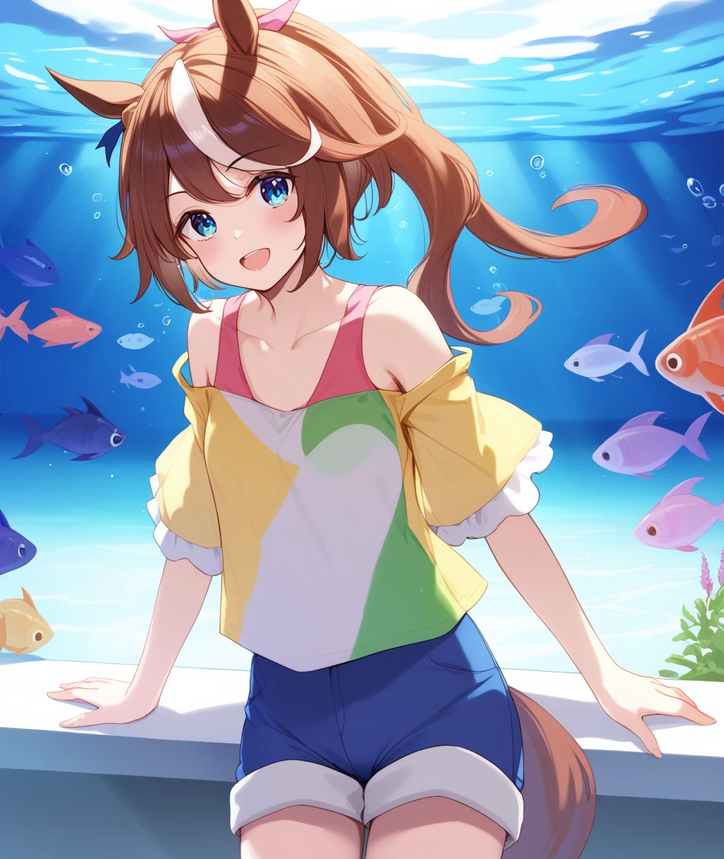 score_9, score_8_up, score_7_up, source_anime BREAK
casual_clothes, 1girl, solo, long hair, looking at viewer, blush, smile, open mouth, blue eyes, brown hair, shirt, holding, animal ears, standing, collarbone, tail, ponytail, white hair, :d, multicolored hair, shorts, off shoulder, two-tone hair, streaked hair, horse ears, high ponytail, horse girl, horse tail, fish, blue shorts, yellow shirt, striped shirt, off-shoulder shirt, aquarium, cyan sport shoes, standing,
<lora:tokai_teio-ponyXL:1>,