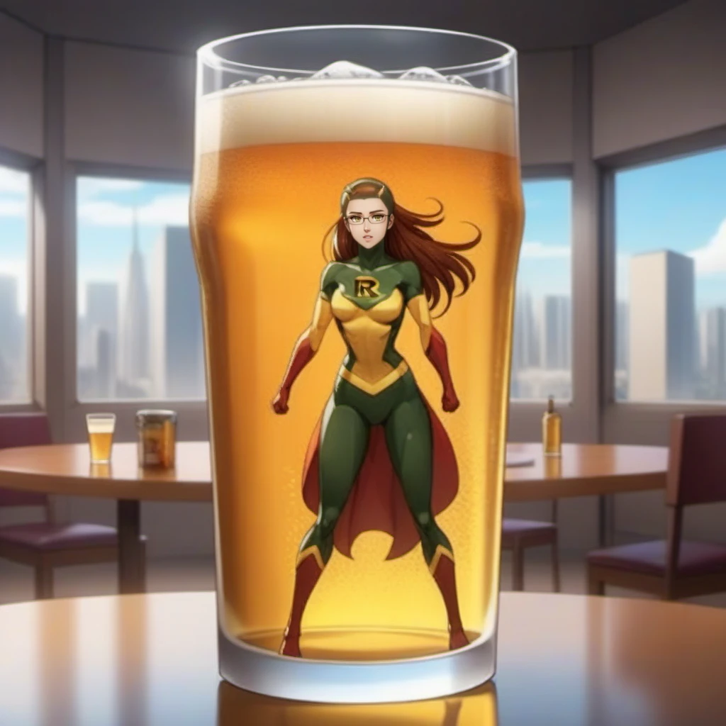 anime artwork a full body miniature superhero woman trapped inside a beer glass , text ''R''<lora:ShrinkingRae1024:0.8> . anime style, key visual, vibrant, studio anime, highly detailed