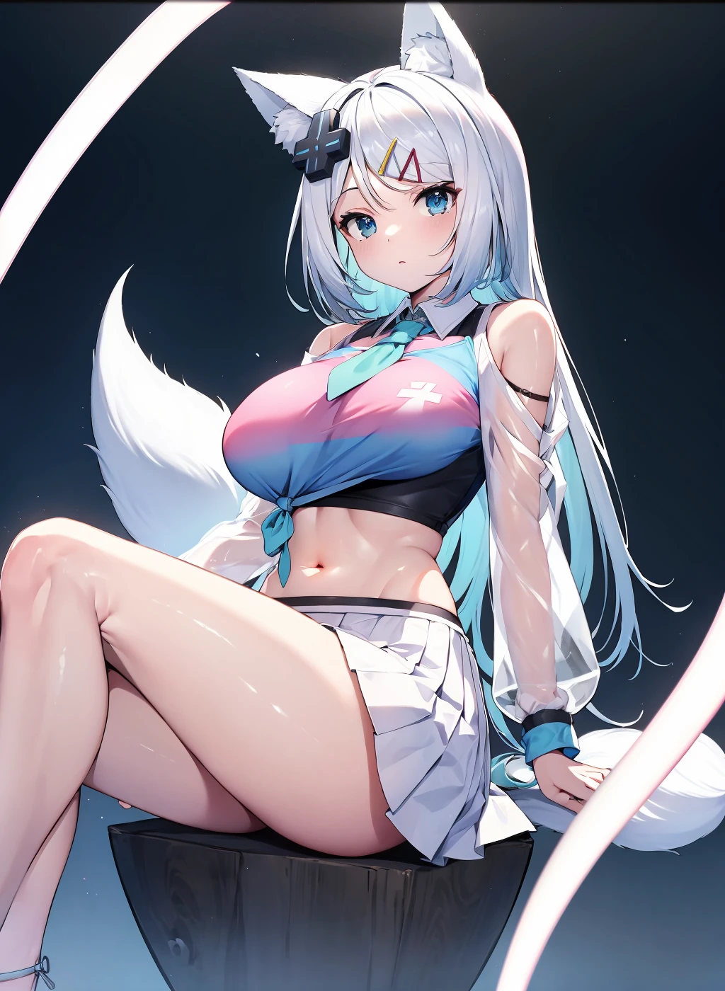 Anime girl with cat ears, very shy, blushing, big breast, zettai ryouiki,revealing clothing,show skin, ((((underboob)))),high contrast, soft light, masterpiece, extraordinarily nice, (white hair | pink hair | black hair | blue hair | green hair | blonde hair | purple hair | red hair:1.5), (((absurdly long unkept hair, very long hair, voluminous hair, Thick hair, Dense hair, long hair, messy hair, colored inner hair))), ((((bright skin: 1.5, skin tanned, shiny skin, very shiny skin, shiny body)))), waiting for a kiss, in an intimate setting, masterpiece, white teeth with an open mouth, inside a house, in the bedroom, (((Opens her eyes and yawns))), (lying on their sides in bed), (((hands in crotch))), anxious, hands in her hair, blushing, ((on silk sheets)), with many tribal details and neon and gradient colors where combinations of orange pink purple blue and turquoise abound, The illustration has a gradient in the use of colors from left to right of orange pink, turquoise and purple, surreal, fantastic, nature, mythology, science fiction, vibrant and detailed colors, lots of imagination, evocative, enigmatic and captivating,geometric elements. stylized figures. circular structures, concentric rings, hieroglyphs, Mexica art type, 8k_wallpaper, (((masterpiece))), illustration, vibrant colors, (intricate), Sylvia Ritter style, created by Sylvia Ritter,