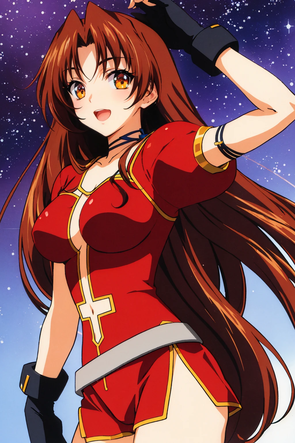 (masterpiece, best quality:1.2), 4k, solo, 1girl, kiddy_eclair, eclair_ cos, hair intakes, brown hair, long hair, large breasts, red dress, belt, holster, choker, puffy short sleeves, black gloves, cutout clothes, navel cutout, side slit, yellow eyes, smile, looking at viewer, open mouth, space landscape, <lora:eclair_2:0.7>
