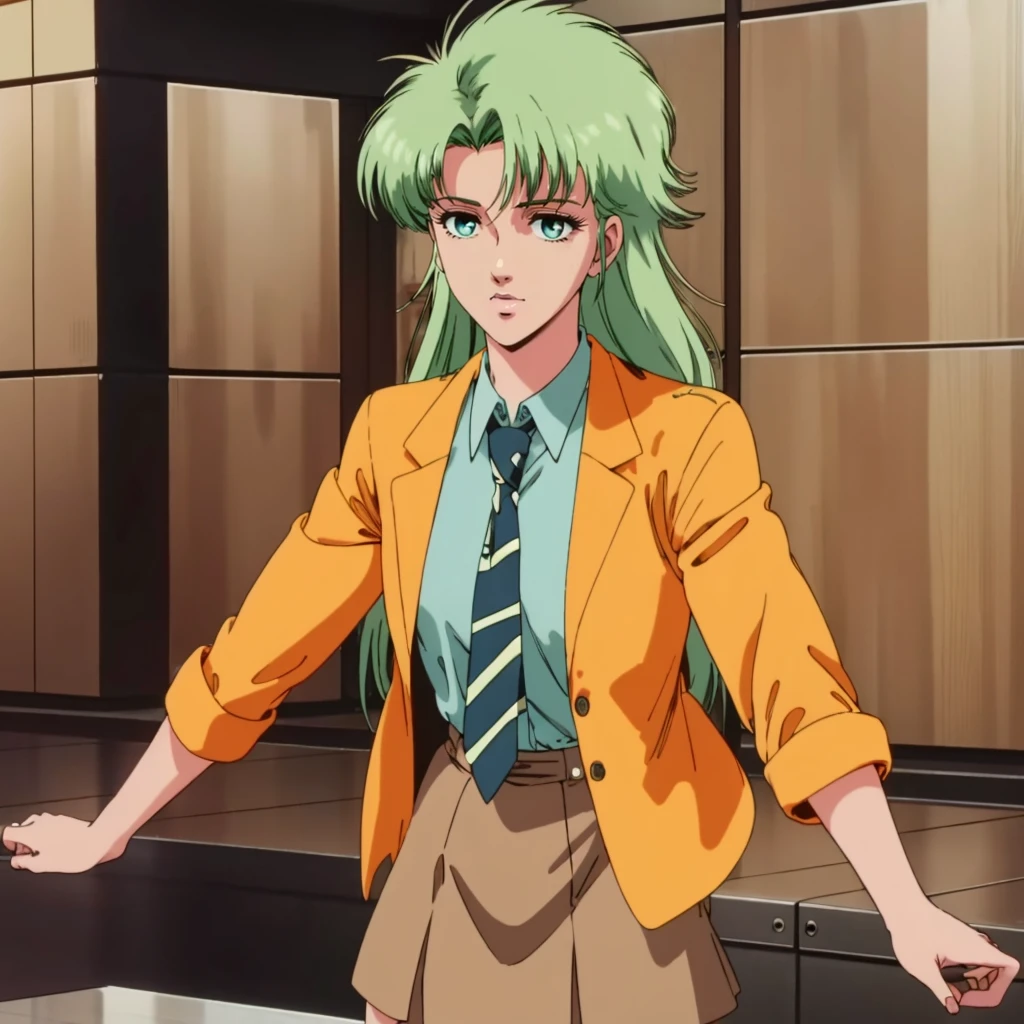 <lora:MZ2TokimatsuriEve001:0.7>,
solo,
MZ2TokimatsuriEve,1girl,green hair,long hair,aqua eyes,1990s (style),
orange jacket,green shirt,necktie,
brown skirt,