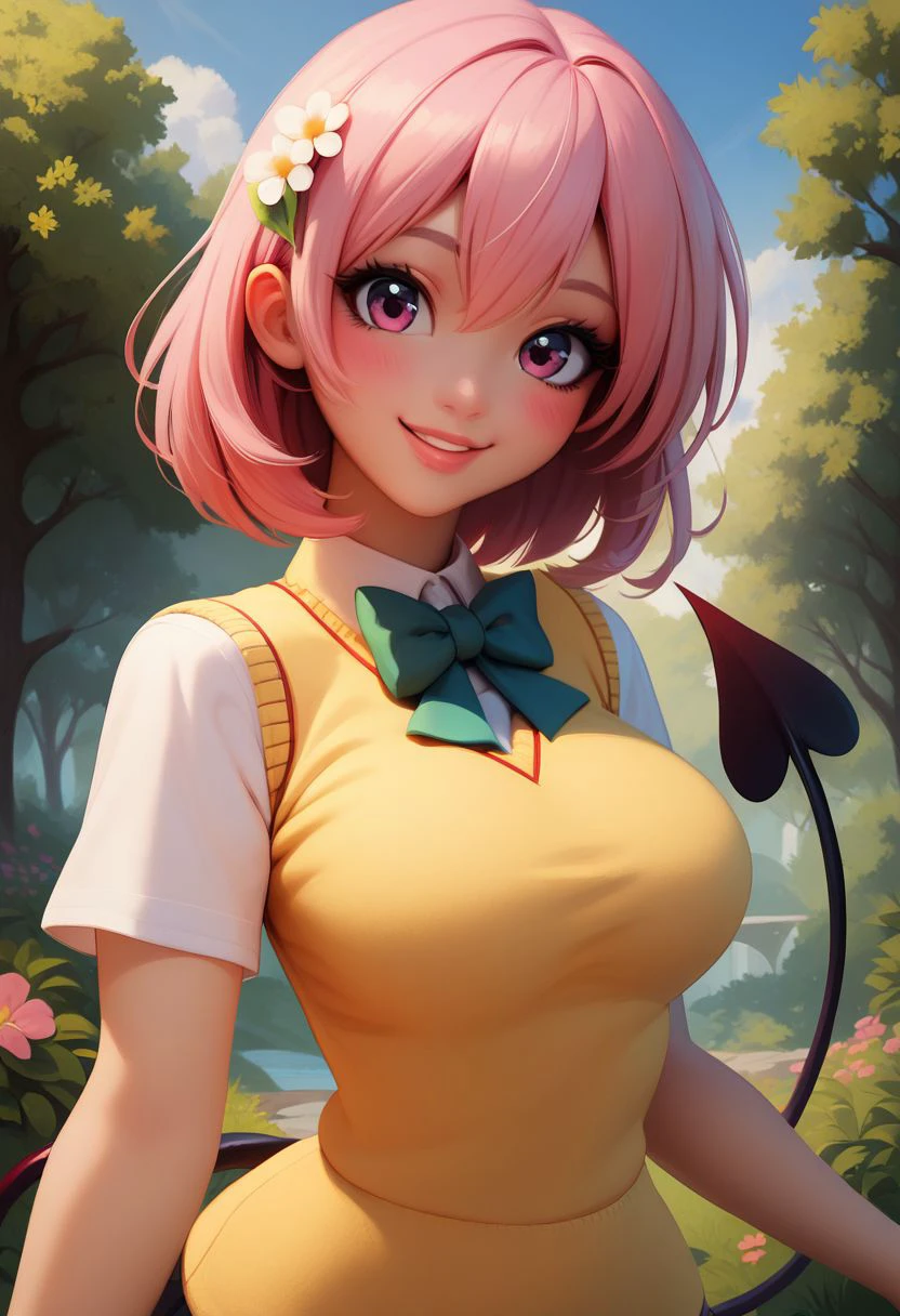 score_9, score_8_up, score_8, medium breasts, (curvy), cute, eyelashes, 
tlrmomo, pink hair, hair flower, green bowtie, yellow sweater vest, white shirt, short sleeves, green miniskirt, demon tail, looking at viewer, standing, happy, lips, blue sky, trees, waist up head tilt, curvy, smile, blush,