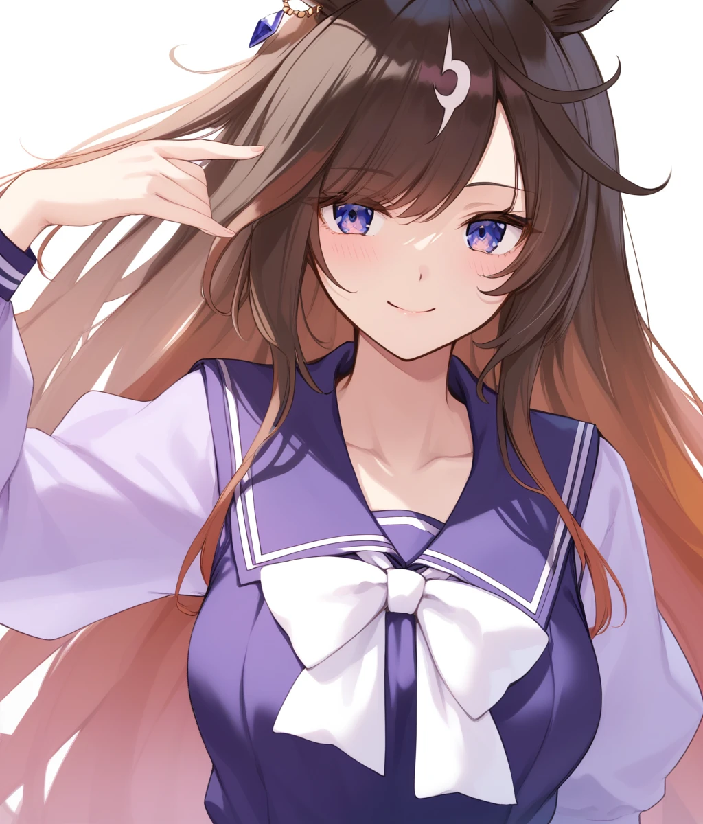 score_9, score_8_up, score_7_up, source_anime, 2D, anime BREAK
tracen_uniform, 1girl, solo, long hair, breasts, looking at viewer, blush, smile, bangs, blue eyes, skirt, brown hair, shirt, long sleeves, white background, bow, animal ears, medium breasts, closed mouth, school uniform, collarbone, upper body, ahoge, multicolored hair, pleated skirt, bowtie, sailor collar, streaked hair, horse ears, white bow, horse girl, purple skirt, purple shirt, tracen school uniform, white bowtie <lora:duramente-ponyXL-000005:0.7>,