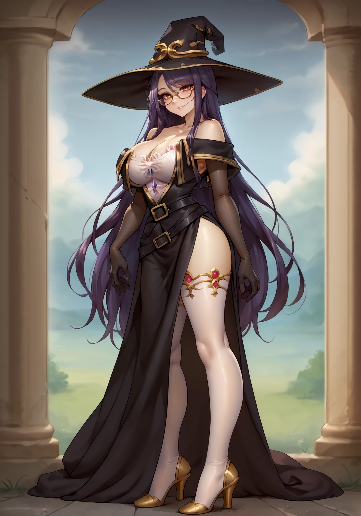 score_9, score_8_up, mlgswtch, <lora:Witch - Goblin Slayer - PDXL:0.8>, 1girl, solo,  bare shoulders, black belts, black dress, black gloves,  off shoulder dress, high heels, long sleeves, side slit, witch hat, gold trim, gold trimmed thigh highs, strapless,  glasses,  mole under eye, large breasts, white bustier, smile   <lora:Lunas-Kairunoburogu-SDXL-A1:1>