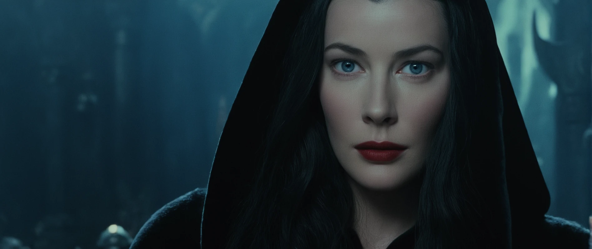cinematic film still of  <lora:The Lord of the Rings style v2:1>
In a Fantasy Middle-earth world in the dark ages Arwen Undomiel Liv Tyler a woman with long hair wearing a cloak,1girl,solo,blue eyes,black hair,closed mouth,upper body,cape,lips,looking to the side,makeup,looking away,realistic,red lips , dramatic light, dramatic shadow light, film contrast, cinematic film color, cinematic film look, filmic, realistic, realism, perfection, perfect, movie still, fantasy drama, epic drama, fictional, Age of Wonders, Age of Empires, warriors,  Medieval style, middle ages, dungeons and dragons style, different people, different, unique, kingdoms and castles, violent, aggressive, detailed, perfection, detailed face, detailed body, detailed hands, detailed eyes, sharp, horror themed, dark themed, epic fantasy adventure film style, Legendary, mythical, The Lord of the Rings style, shallow depth of field, vignette, highly detailed, high budget, bokeh, cinemascope, moody, epic, gorgeous, film grain, grainy