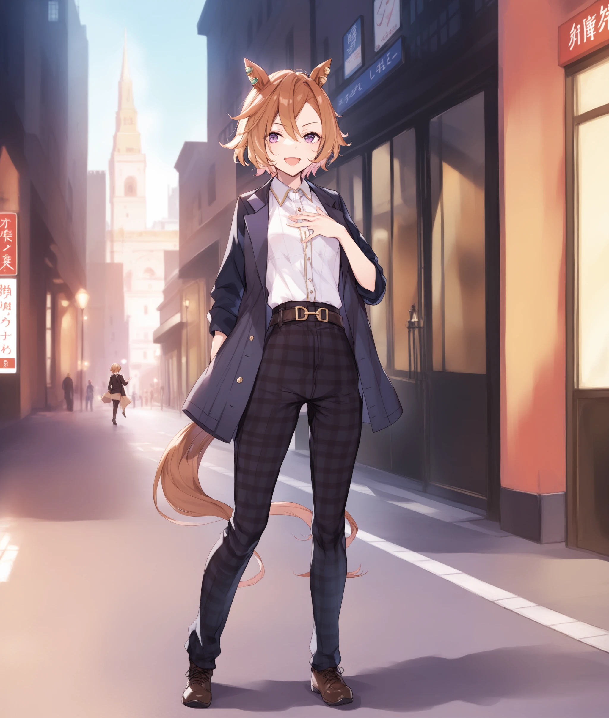 score_9, score_8_up, score_7_up, 2D, anime BREAK
(tower), city, outdoors, 
casual_clothes, looking at viewer, smile, short hair, open mouth, bangs, multiple girls, brown hair, shirt, long sleeves, animal ears, hair between eyes, standing, purple eyes, jacket, tail, white shirt, :d, cowboy shot, open clothes, solo focus, collared shirt, belt, pants, hand up, open jacket, black jacket, plaid, dress shirt, copyright name, buttons, black pants, horse ears, hand on own chest, horse girl, buckle, horse tail, black belt, belt buckle, plaid pants, (brown leather shoes), full body, 
<lora:T.M.OperaO-ponyXL:1>,