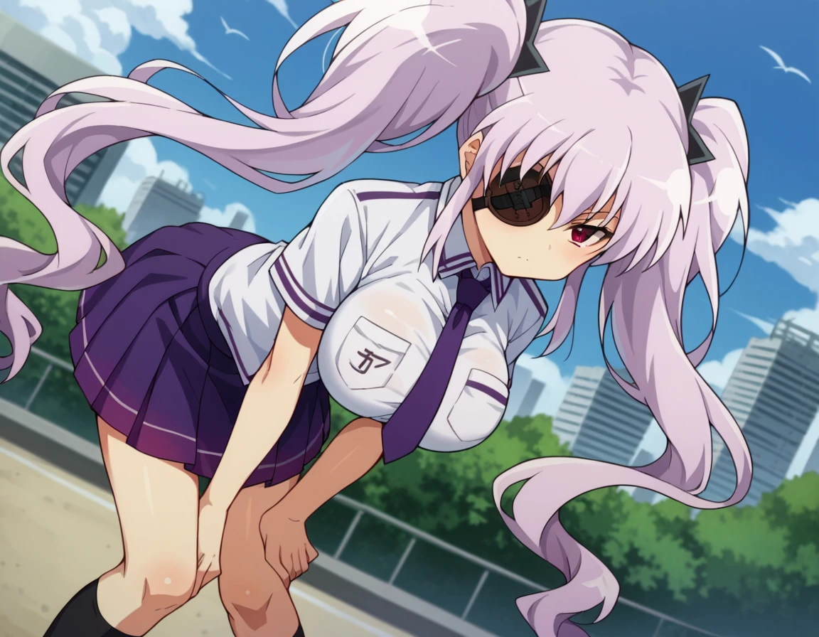 score_9, score_8_up, score_7_up, source_anime,
skyagyu, <lora:sk-yagyu-ponyxl-lora-nochekaiser:1>
yagyu, long hair, red eyes, twintails, white hair, eyepatch, large breasts,
skirt, school uniform, necktie, socks, purple skirt, short sleeves,
outdoors, cityscape, bent over,
looking at viewer, dutch angle, cowboy shot