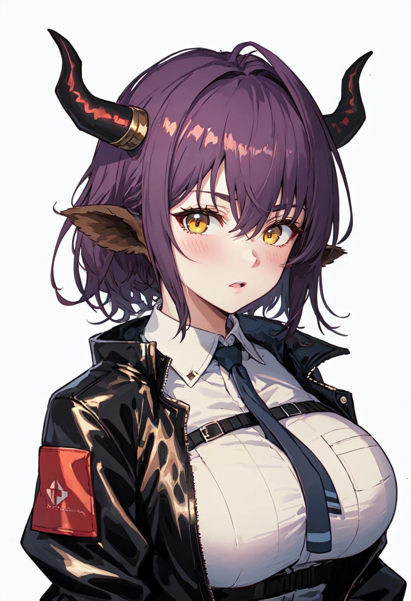 best quality, masterpiece, highres, solo, (sideroca_arknights:1.10), 1girl, black jacket, black necktie, blue shirt, looking at viewer, open jacket, upper body, blush, closed mouth, collared shirt, hair between eyes, simple background, breast pocket, long sleeves, white background, 3 <lora:sideroca_arknights:0.80>