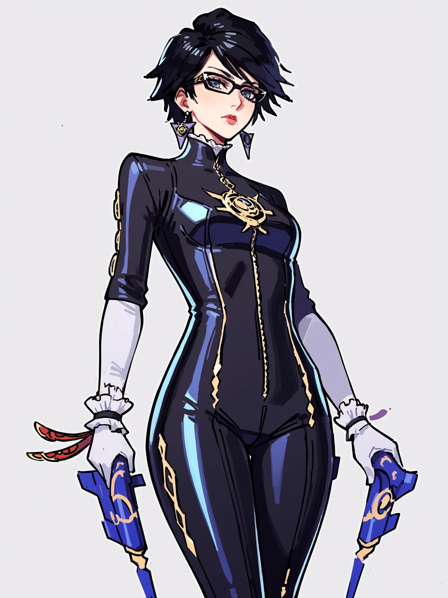 A tall sexy beautiful happy woman has short bright blue hair and orange eyes and wears a metallic purple corset bra, shows her navel and dark blue pants underneath and is wearing a red kitten heel.