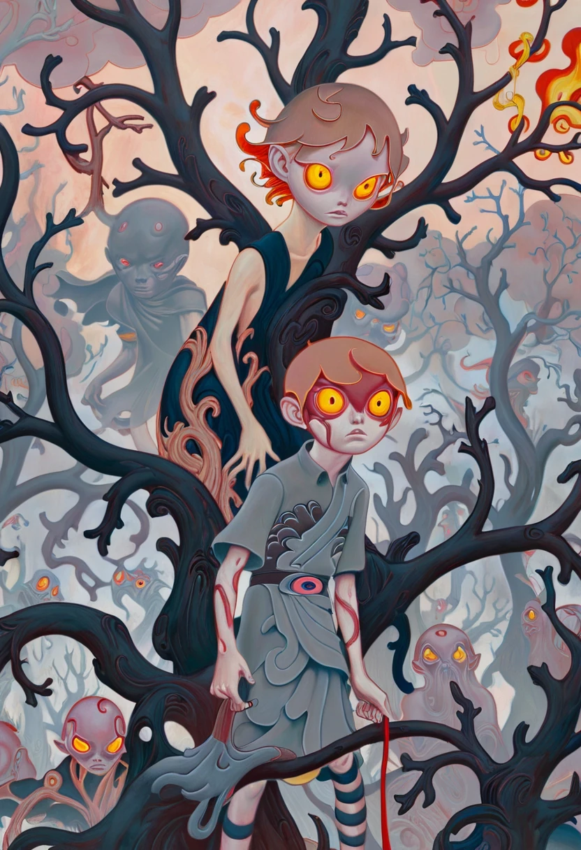 JamesJean; Illustration, Painting; horror-themed surrealist art Auburn-haired character with side part and flaming crazy eyes stands amidst desolate trees under clear skies within a dark wave art style. The character is set against a backdrop of a grim assistant inside of a Vigan. This scene is captured in 35mm format on Pixabay and ArtStation. . dreamlike, mysterious, provocative, symbolic, intricate, detailed . eerie, unsettling, dark, spooky, suspenseful, grim, highly detailed