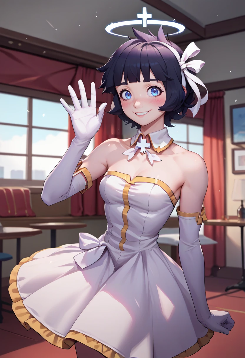 score_9, score_8_up, score_7_up, source_anime, solo, 1girl, htazazel, blush, smile, looking at viewer, waving, hair ribbon, white ribbon, halo, white dress, strapless dress, white gloves, elbow gloves, indoors <lora:helltaker_azazel_ponyXL:1>