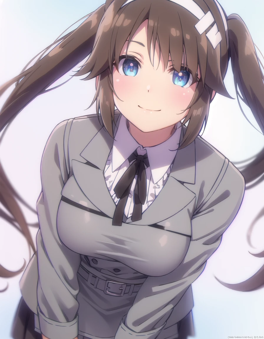 skminori, <lora:sk minori s1-lora-nochekaiser:1>,
minori, long hair, bangs, blue eyes, brown hair, hair ornament, long sleeves, twintails, sidelocks, hairband, white hairband,
BREAK skirt, shirt, long sleeves, school uniform, pantyhose, pleated skirt, belt, miniskirt, black pantyhose, black ribbon, neck ribbon, buttons, grey skirt, grey jacket,
BREAK outdoors, classroom,
BREAK looking at viewer, (cowboy shot:1.5), smile,
BREAK <lyco:GoodHands-beta2:1>, (masterpiece:1.2), best quality, high resolution, unity 8k wallpaper, (illustration:0.8), (beautiful detailed eyes:1.6), extremely detailed face, perfect lighting, extremely detailed CG, (perfect hands, perfect anatomy),