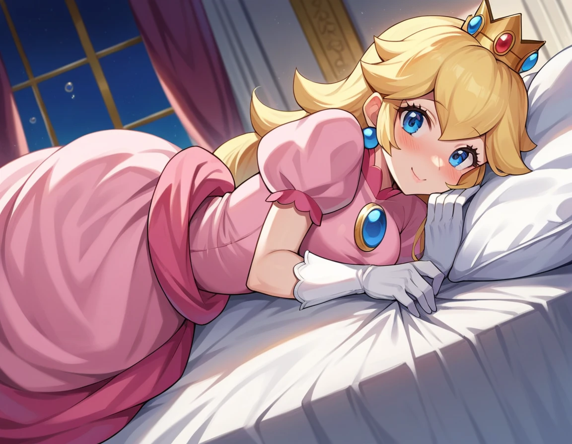 score_9, score_8_up, score_7_up, source_anime,
princesspeach, <lora:princess-peach-chibi-ponyxl-lora-nochekaiser:1>
princess peach, blonde hair, blue eyes, long hair, smile,
crown, dress, gem, gloves, pink dress, puffy short sleeves, puffy sleeves, short sleeves, white gloves,
indoors, bed, bed room, on side, blush, drunk,
looking at viewer, dutch angle, cowboy shot